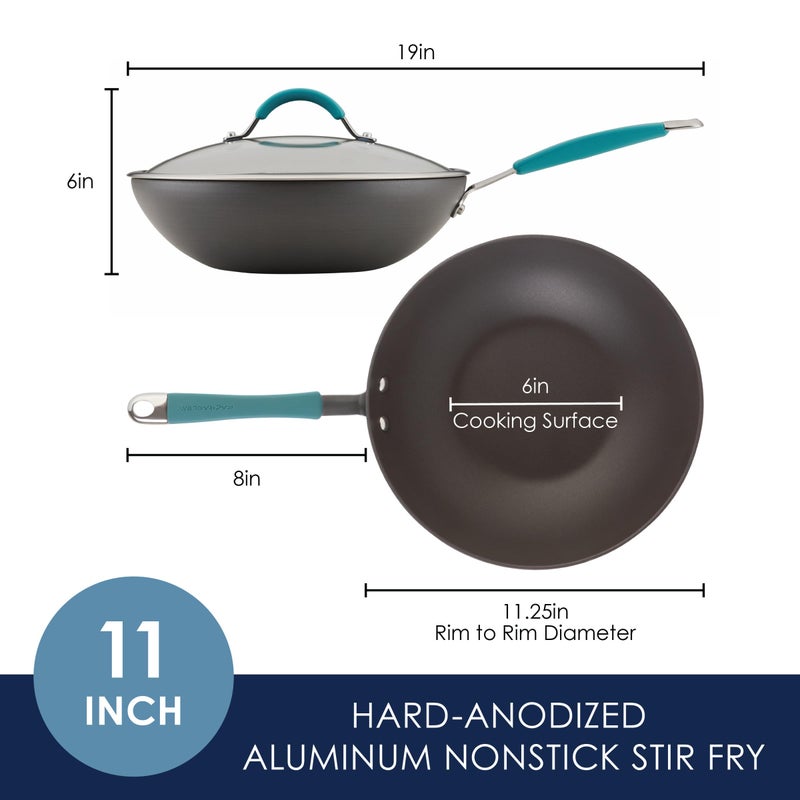 Rachael Ray Cucina Hard-Anodized Nonstick Covered Stir Fry Pan, 11-Inch, Gray, Agave Blue Handles - Image 2